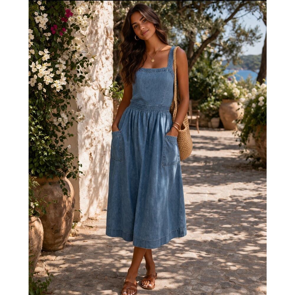 Coastal Western Madewell Smocked Waist Chambray Midi Dress 4 Square Neck Pockets